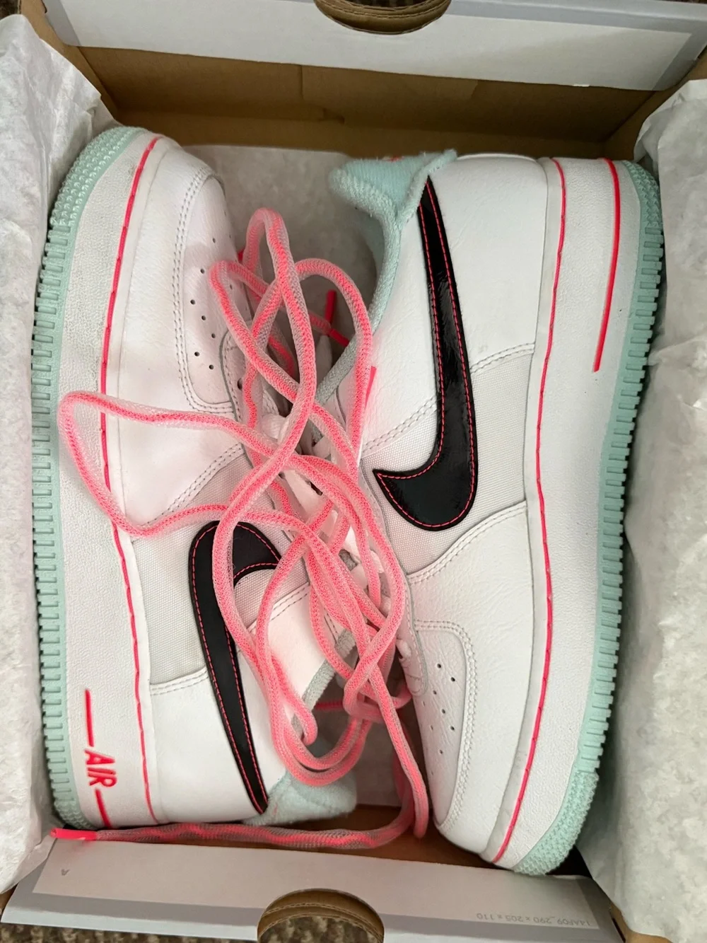Nike Kids White Sneakers with Pink Laces and Mint Sole